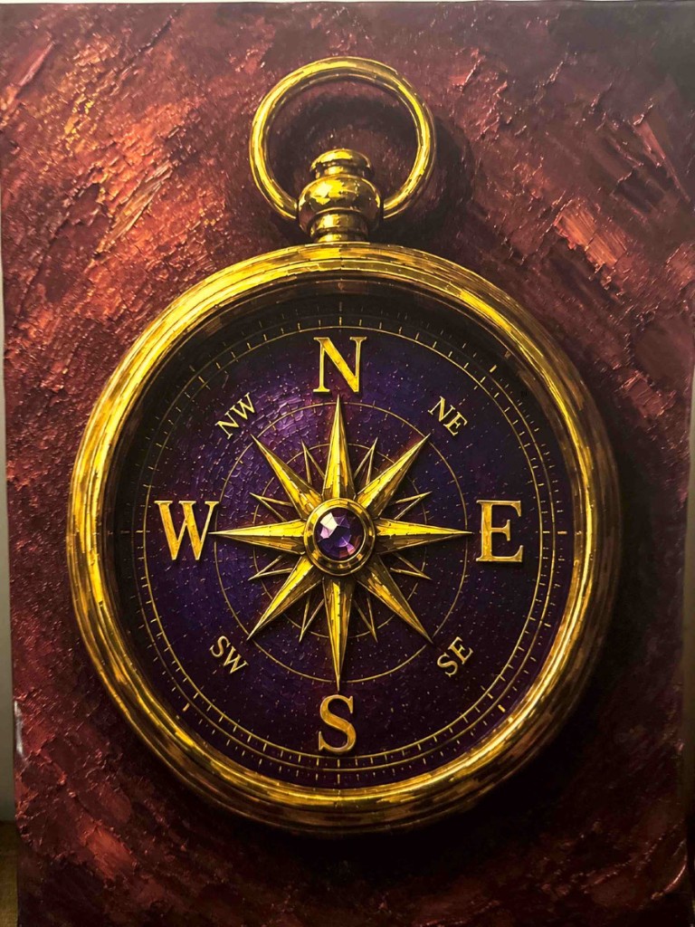 A textured oil painting of an ornate golden compass with a purple face and gemstone on a deep red background