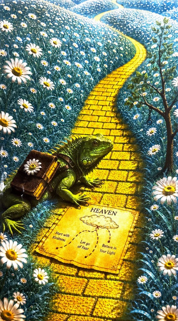 A green iguana with a book backpack on a yellow brick road beside a map labeled Heaven, surrounded by blue grass and daisies