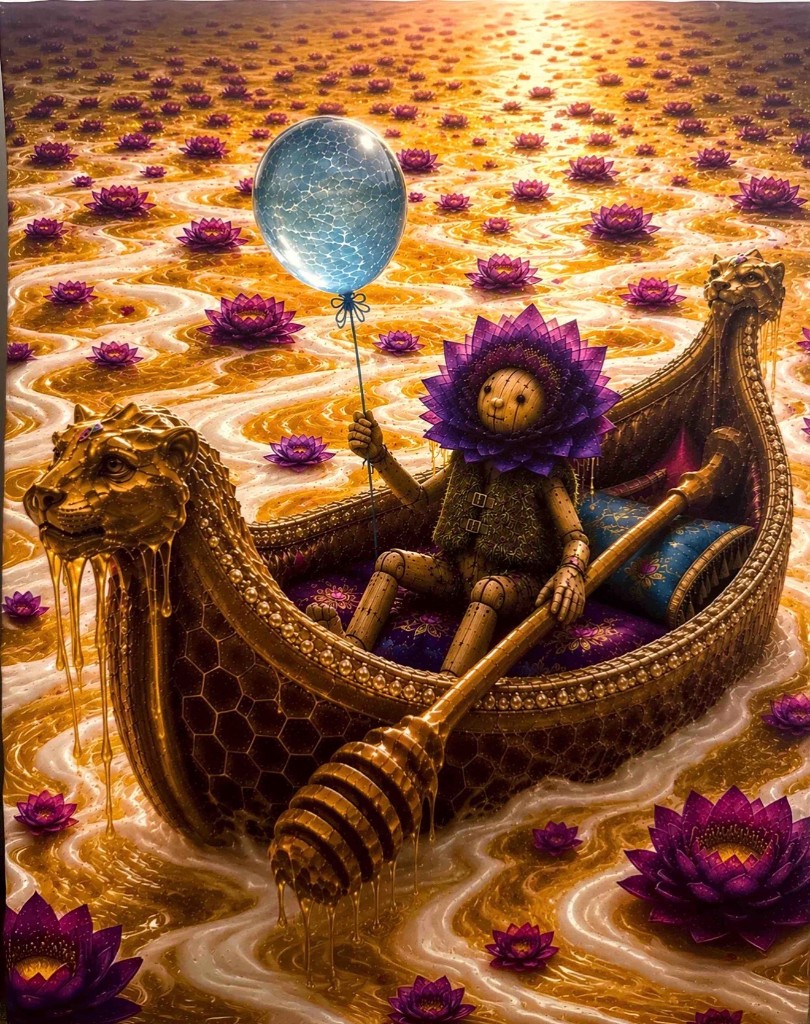 A wooden doll with a purple lotus flower head paddling a golden lion-headed boat through a river of honey